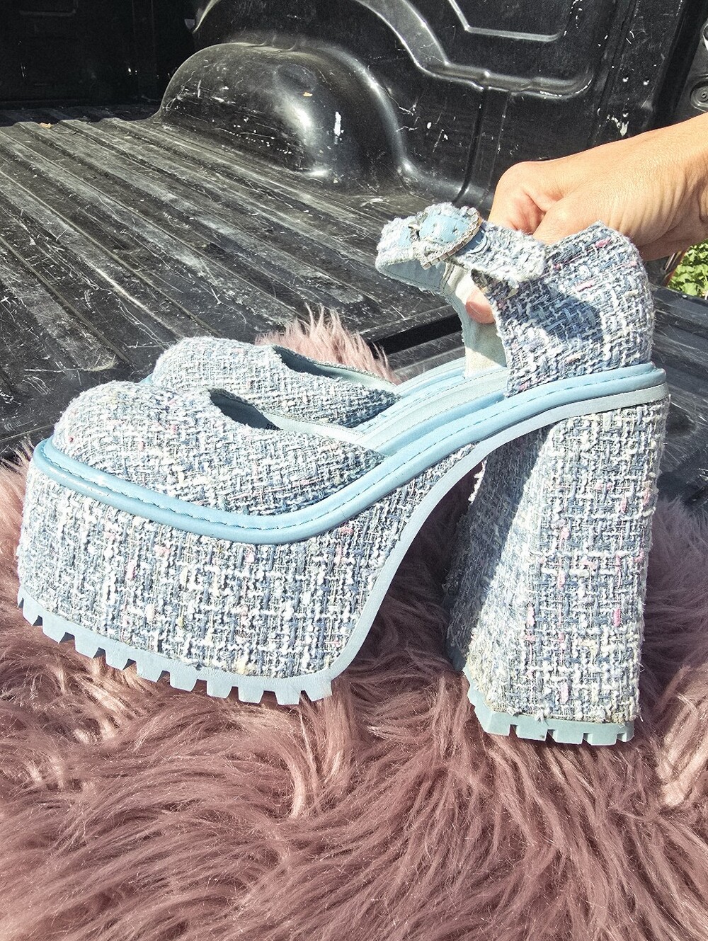 Chunky Tweed Platform Mary Jane Heels - Blue